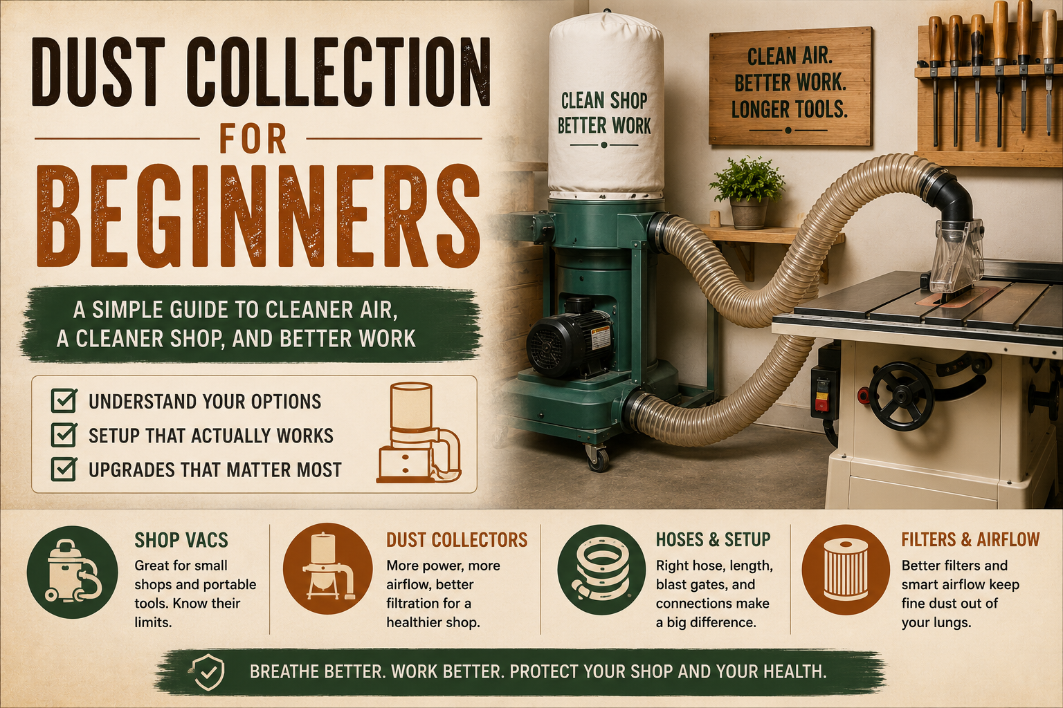 Dust collection hose in a woodshop