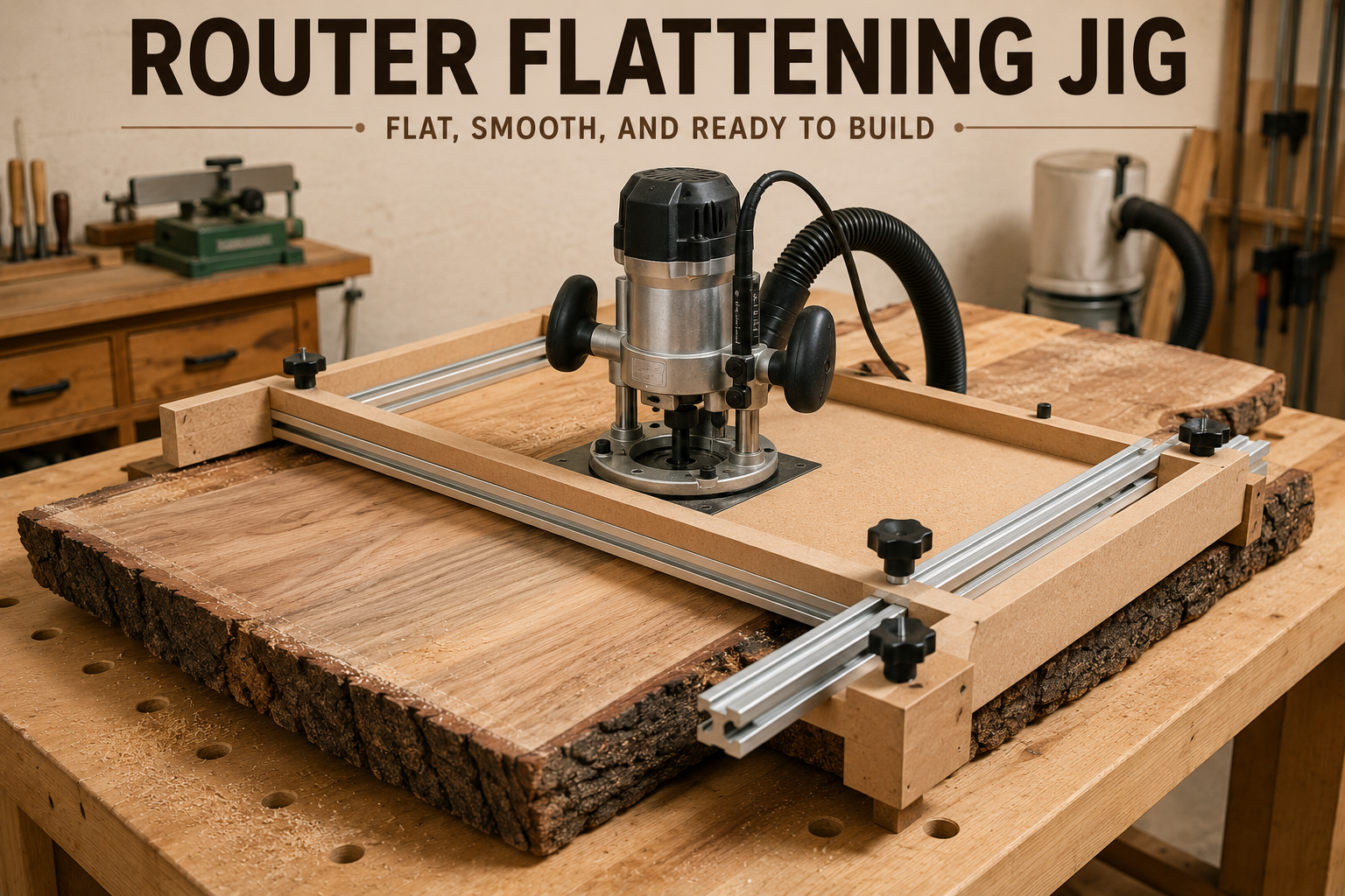 Router flattening jig for woodworking