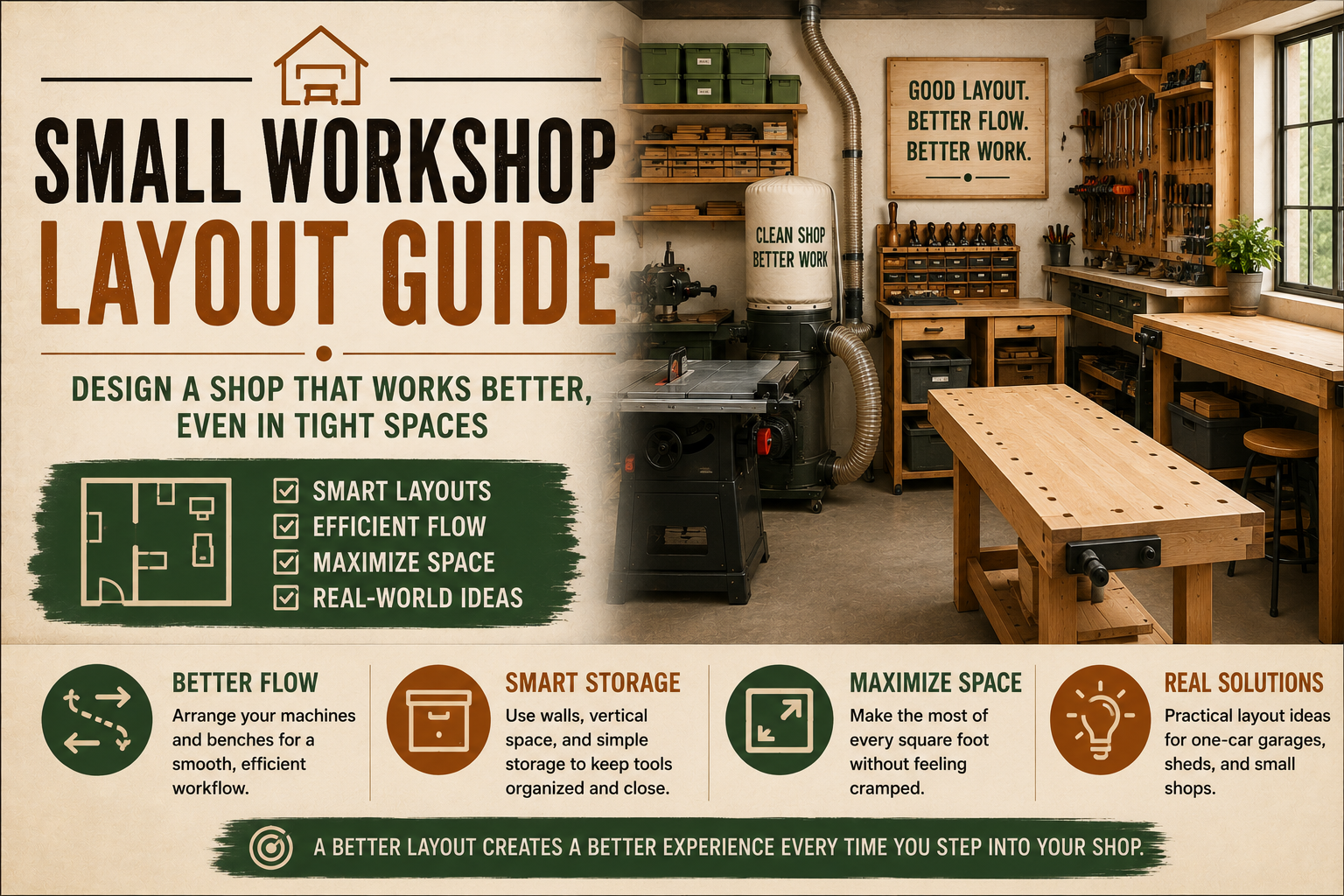 Small organized woodworking shop layout