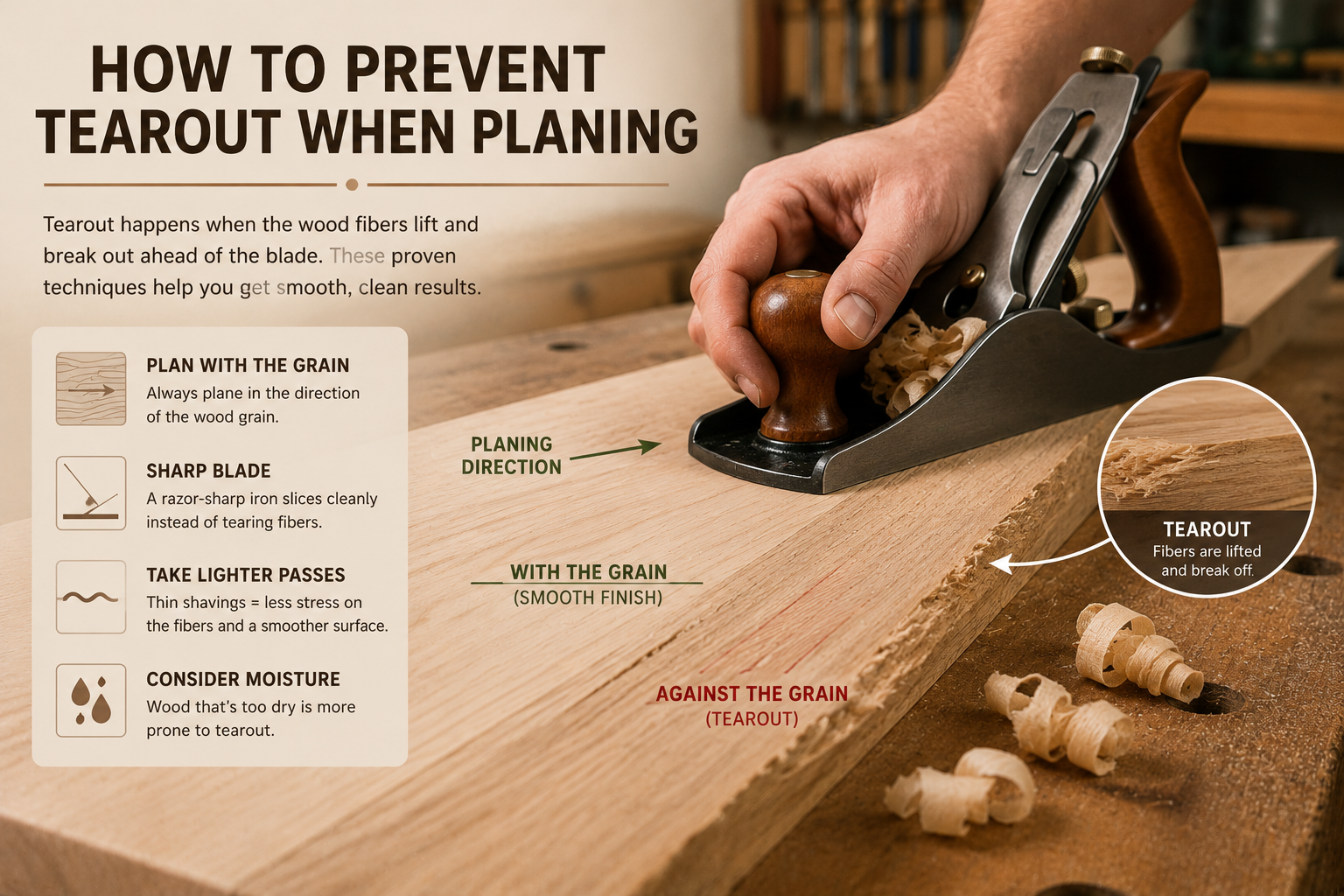 Wood surface being planed cleanly